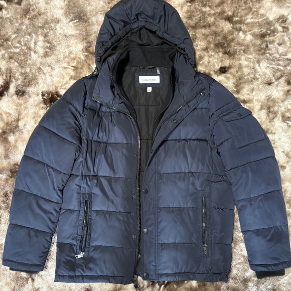 Calvin Klein Men's Medium Navy Puffer Jacket Hooded & Quilted Insulated Coat - Picture 1 of 4
